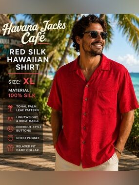 Havana Jacks Café Red Silk Hawaiian Shirt XL Tropical Camp Shirt Resort Vacation